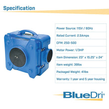 BlueDri BD-AS-550-BL Negative Machine Airbourne Cleaner HEPA Scrubber Water Damage Restoration Equipment Air Purifier, for Commercial Use, Blue