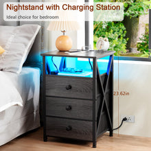 AMHANCIBLE Night Stand Set 2, LED Nightstand with Charging Station, End Side Tables with USB Port & Outlet, Bedside Table with Fabric Drawers for Bedroom Living Room, Dark Grey, HET053LDG