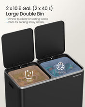 SONGMICS Trash Can, 2 x 10.6 Gallon (2 x 40 L) Garbage Can for Kitchen, with 15 Trash Bags, 2 Compartments, Plastic Inner Buckets and Hinged Lids, Airtight, Black ULTB730B80