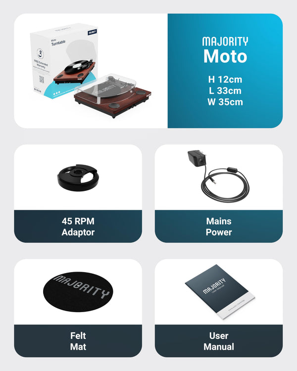 Vinyl Record Player with Bluetooth 5.3 in & Out | Record Player with Speakers & USB Recording | Bluetooth Record Player with AUX Input & RCA Output | Slipmat Included | Majority Moto Turntable