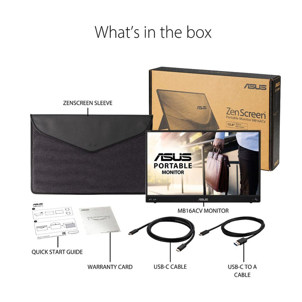 ASUS ZenScreen 15.6” 1080P Portable Monitor (MB16ACV) - Full HD, IPS, Eye Care, Flicker Free, Blue Light Filter, Kickstand, USB-C Power Delivery, for Laptop, PC, Phone, Console