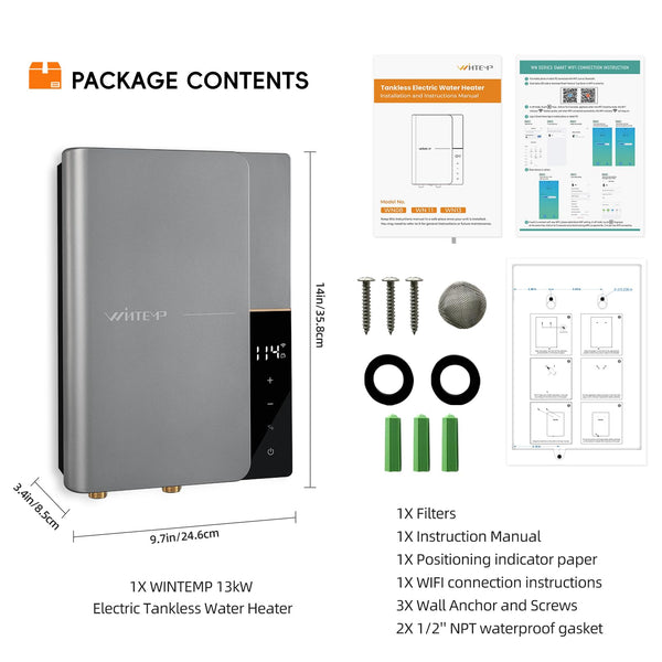 Tankless Water Heater Electric 13kW 240Volts WINTEMP, Endless On - Demand Hot Water, Self Regulating - LED Temperature Display, Space-saving, Suitable for Bathroom Showers