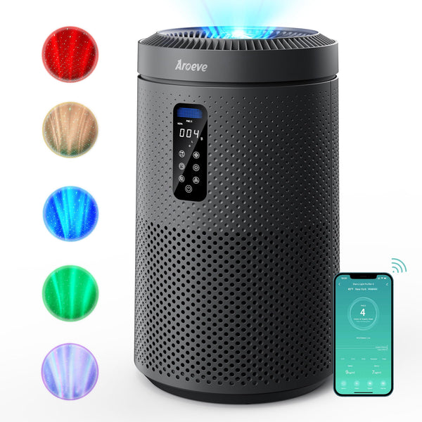 AROEVE Air Purifier for Large Rooms up to 1,782 Sq. Ft. with Star Projector, Smart WiFi, Air Quality Sensor, UV Function, and Washable Filter for Whole Home Use for a Cozy Holiday, MK09W Black