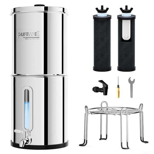 Purewell 2.25G Gravity Water Filter System with Water Level Window, 3-Stage 0.01μm Ultra-Filtration Stainless Steel Countertop System with 2 Filters and Stand, Reduce 99% Chlorine, PW-KS