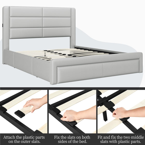 Yaheetech Full Size Bed Frame with 2 USB Charging Station/Port for Type A&C/3 Storage Drawers,Leather Upholstered Platform Bed with Headboard/Solid Wood Slat Support/No Box Spring Needed/Light Gray