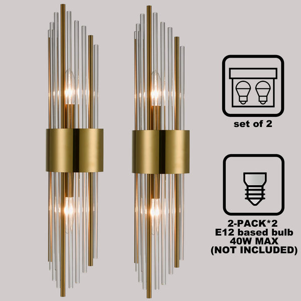 SHAWNKEY 2-Light Modern Brushed Titanium Gold Wall Sconce with Clear Glass Crystal Luxury Wall Light Fixtures for Bedroom Living Room Bathroom Vanity Mirror Light Fixtures Set of 2