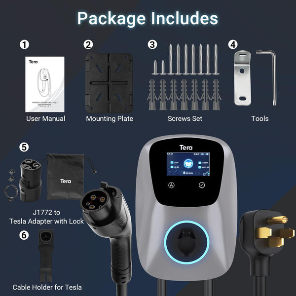 Tera Electric Vehicle Charger for Tesla: J1772 Level 2 EVs ETL Certified 48 40 Amp 240 Volt Home EVSE with Manual Setting Amps Schedule on Unit NEMA 14-50 25 FT Cable Silver