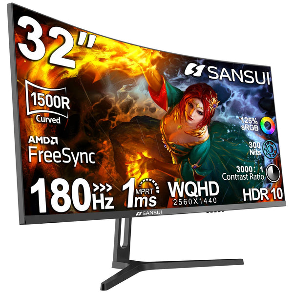 SANSUI 32-Inch Curved Gaming Monitor WQHD 2560 x 1440 180Hz Curved 1500R -1ms(OD), HDR, 300nits, sRGB 125%, DCI-P3 95%, FreeSync, HDMI x2, DP1.2x2(ES-G32C3 DP Cable Included)