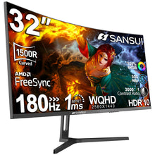 SANSUI 32-Inch Curved Gaming Monitor WQHD 2560 x 1440 180Hz Curved 1500R -1ms(OD), HDR, 300nits, sRGB 125%, DCI-P3 95%, FreeSync, HDMI x2, DP1.2x2(ES-G32C3 DP Cable Included)