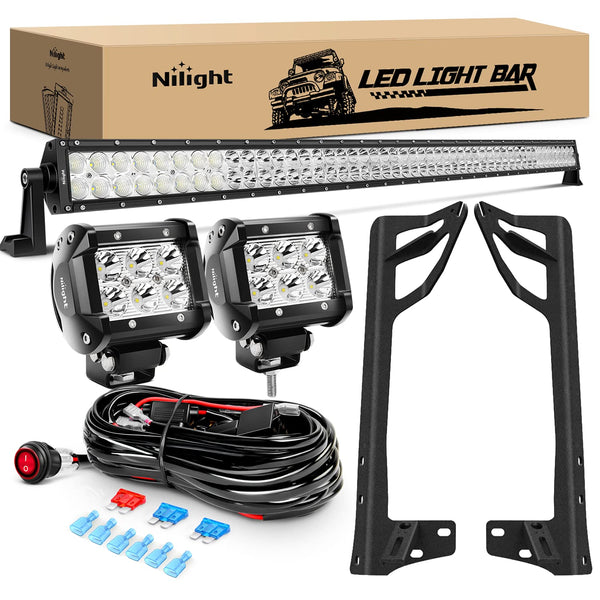 Nilight 52Inch Led Light Bar Spot Flood 2Pcs 18W 4Inch Spot LED Pods Windshield Frame Mounting Bracket on Wrangler JK 2007-2017 with Off Road Wiring Harness- 3 Leads