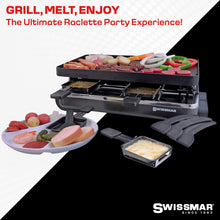 Swissmar Classic 8-Person Raclette Party Grill with Reversible Cast Aluminum Non-Stick Grill Plate/Crepe Top, Indoor Electric Raclette Grill & Griller - Black Grill Plate - Black