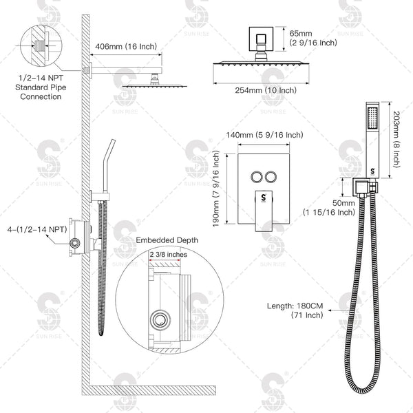 SR SUN RISE Shower System with Push Button Diverter Bathroom Luxury 10 Inch Rain Shower Head with Handheld Spray, High Pressure Shower Faucet Combo Set with Faucet Trim Repair Kits, Brushed Gold