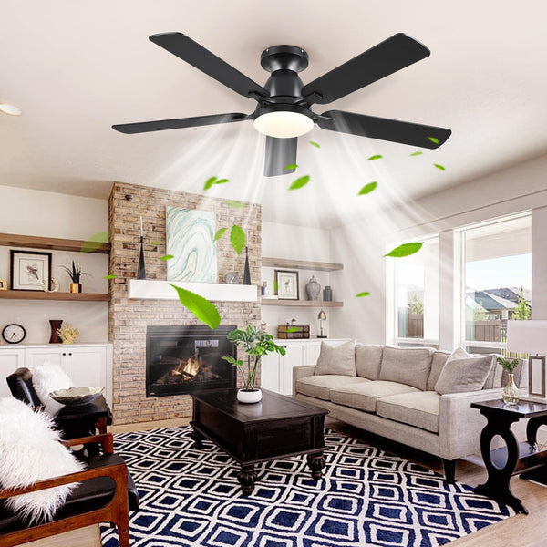 Ceiling Fans with Lights- 52" Low Profile Indoor Ceiling Fan with Light and Remote/APP Control, Flush Mount, LED Dimmable DC Reversible Modern Ceiling Fan for Bedroom（Black）