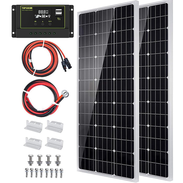 Topsolar Solar Panel Kit 200（2*100W) Watt 12 Volt Monocrystalline Off Grid System for Homes RV Boat + 30A 12V/24V Solar Charge Controller + Solar Cables + Z-Brackets for Mounting