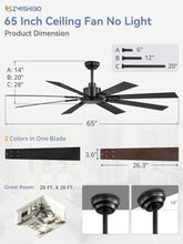 65 Inch Ceiling Fan No Light with Remote, Black Large Ceiling Fan Without Light with Quiet Reversible DC Motor, 6-Speeds, 8 Blades, Indoor/Outdoor Modern Ceiling Fans for Patios, Living Room, Garage