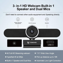 TONGVEO 4K Webcam Conference Call TV Room Web Camera with Dual Microphones &Speaker, | All-in-One USB Video Camera, 116° Wide Angle, AI Auto Framing | Compatible with MS Teams, Zoom, OBS