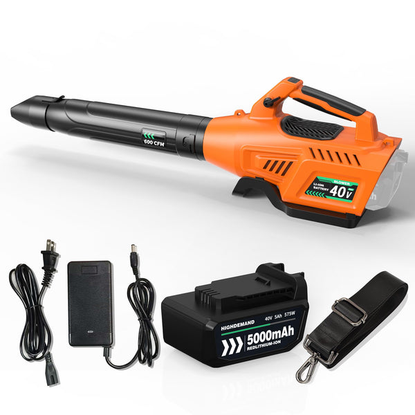 Aoypalp Leaf Blower Cordless 40V with 5.0Ah Battery and Charger, Up to 600CFM &180MPH Variable-Speed with Shoulder Strap for Blowing Leaves, Patio Cleaning, Lawn Care and Dust, Orange