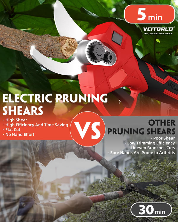 VEITORLD 2-IN-1 Cordless Electric Pole Pruning Shears, 15ft Reach, 1.2" Cutting Diameter, Battery Powered with 21V 2x 2000mAh, Brushless Motor for Efficient Garden Tree Trimming, Branch Cutting（Red）