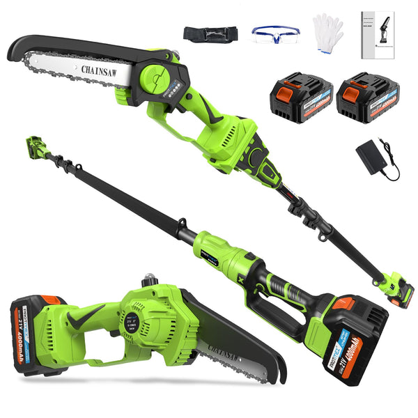 2-in-1 Cordless Pole Saw 8 Inch＆Mini Chainsaw, with 2×4.0Ah 21V Battery and Charger, Brushless Motor, Total Reach of Max 15ft, Electric Pole Saw for Tree Trimming and Hedge Cutting