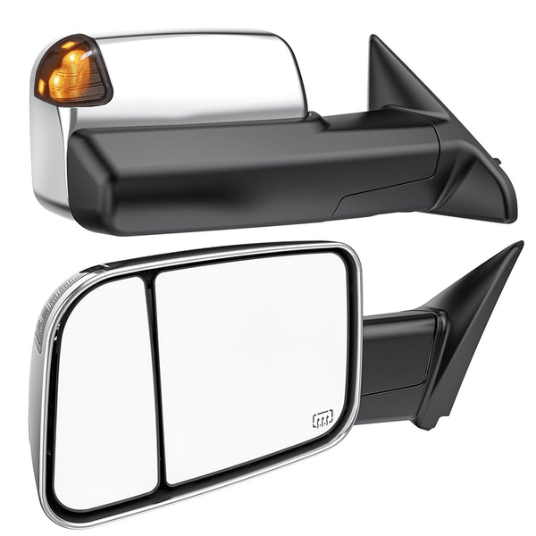 Smoked Power Heated Tow Mirrors Compatible with 2009-2018 Dodge Ram 1500, 2010-2018 2500 3500, 2019-2024 1500 Classic Flip Up Extended Trailer Towing Side Mirrors with Puddle Light, Chrome Housing