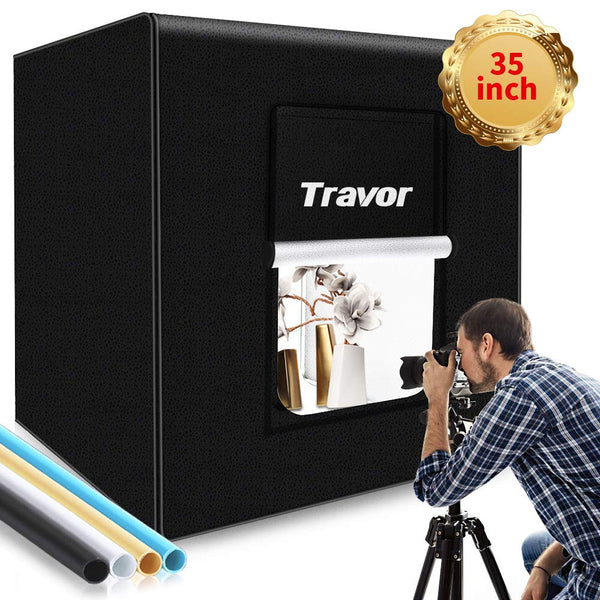 Photo Box, Travor Photo Studio Light Box 35"/90cm Adjustable Brightness Shooting Tent Table Top Photography Lighting Kit with 126 LED Lights 4 Backdrops (Brightness 15000lm, CRI95+)