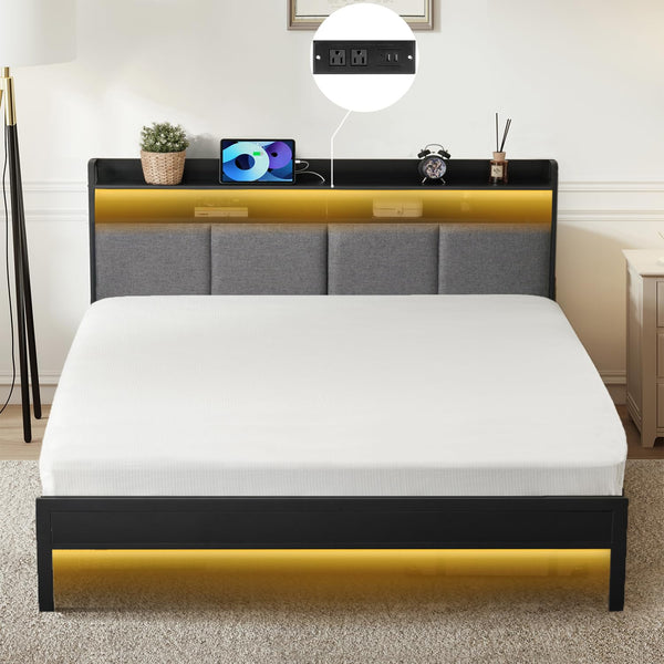 Z-hom Upholstered Twin Bed Frames, Upgraded Metal Bed Frame with LED Lights Headboard & Footboard, Bed Furniture with Charging Station Ports & Storage Shelves, Easy Assembly Bed Frame, Noise Free