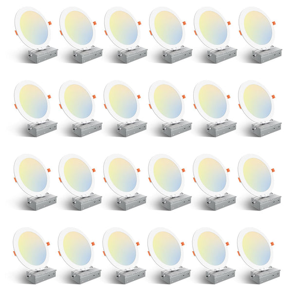 Amico 24 Pack 8 Inch 5CCT Ultra-Thin LED Recessed Ceiling Light with Junction Box, 2700K/3000K/3500K/4000K/5000K Selectable, 18W Eqv 125W, Dimmable Canless Wafer Downlight, 1500LM High Brightness -ETL