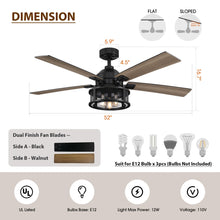 Ceiling Fans with Lights and Remote, 52 Inch Farmhouse Rustic Ceiling Fan for Bedroom Living Room, Black Outdoor Ceiling Fans with Caged Lights Chandelier, Reversible 5 Blades, Ventilador de Techo