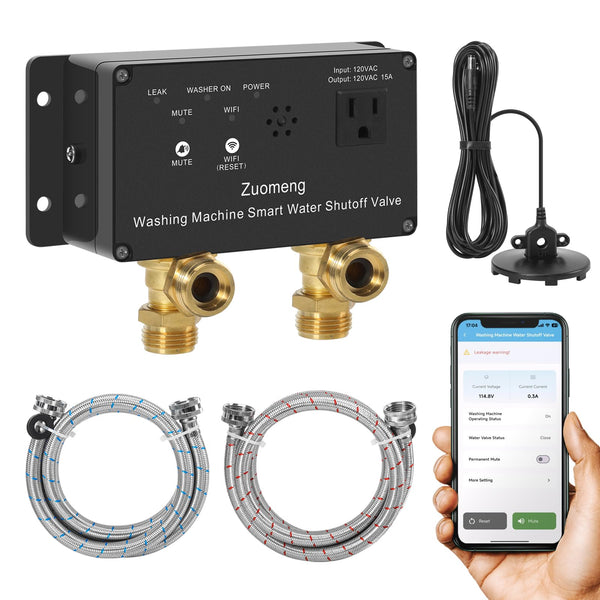 Zuomeng WiFi Smart Water Shutoff Valve with Leak Sensor, 3/4" Brass Valve & Extra Hose, Effortless Remote Control and Real-Time Water Leak Alerts via App