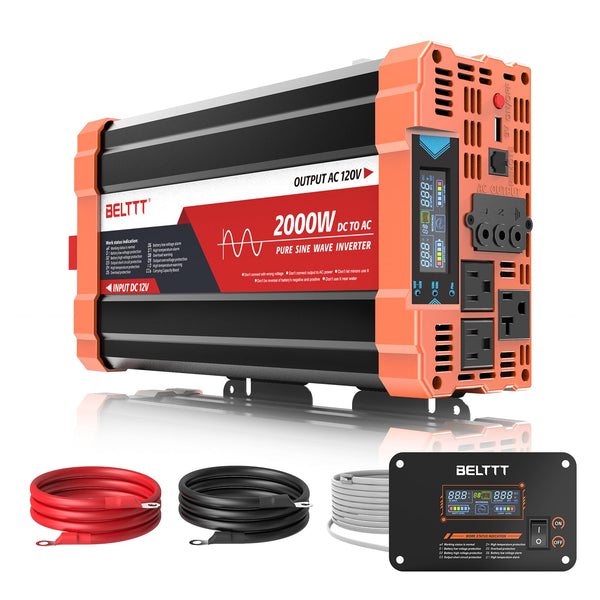 BELTTT 2000W Pure Sine Wave Inverter, Car Power Inverter 12V to 120V AC Converter for RV, Truck, Solar, Outdoor with Dual AC and 20A Socket, 5V 2.1A USB, Surge 4000W, Hardwire Port, Remote Controller