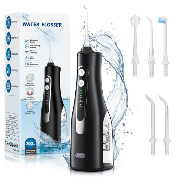 Water Dental Flosser Teeth Pick - 4 Modes Cordless Oral Irrigator - 300ML Portable and Rechargeable IPX7 Waterproof - Water Dental Piks for Cleaning for Home Travel