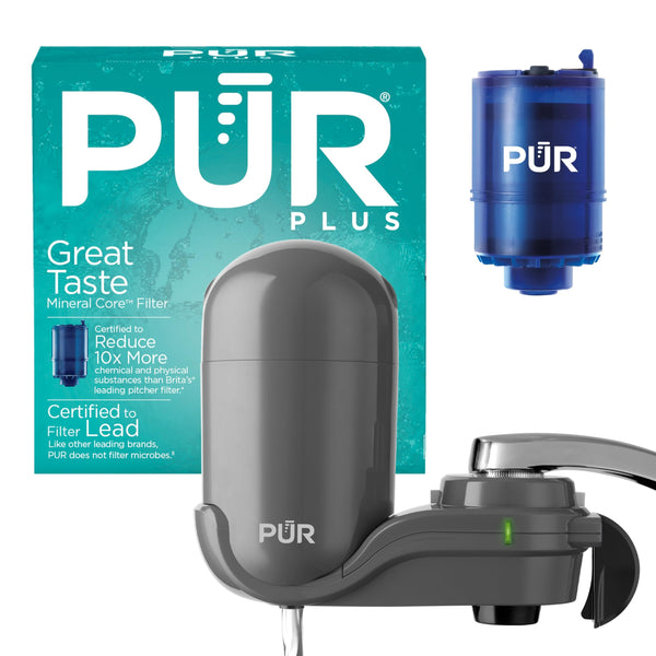 PUR PLUS Vertical Faucet Mount Water Filtration System with 3-in-1 Lead Reducing Filter for Great-Tasting Filtered Tap Water, Lasts 100 Gallons, Grey