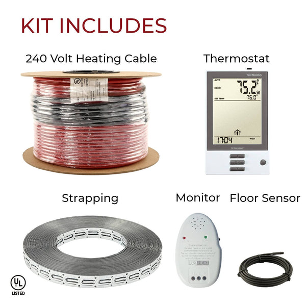 LuxHeat 60sqft Floor Heating Cable Kit - 240v In Floor Electric Heater Kit - Heated Flooring System Includes UDG Programmable Thermostat w/GFCI, Heating Cable, Strapping, Flooring Sensor & Alarm