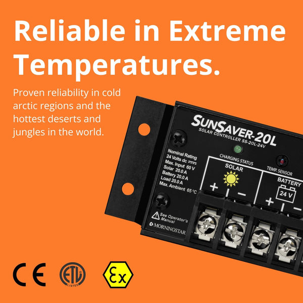 Morningstar SunSaver 20A PWM Solar Charge Controller (SS-20L-24V) - Solar Panel Regulator for 24V Batteries, Four Stage Battery Charging, LVD, HazLoc Rated, Low Noise, 5 Year WTY - Designed in the USA