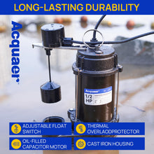 Acquaer 1/2HP Sump Pump Submersible, 6000 GPH Cast Iron Sewage Pump with Automatic Integrated Vertical Float Switch and Piggyback Plug, 2'' NPT Discharge Basements Pump for Sewers, Flood Zones