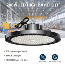 lvsdak UFO LED High Bay Lights 5000K 200W 30000LM AC100-277V with Plug High Bay Led Shop Lights Suitable for Warehouse Workshop Factory Gym Garage Barn LED Lamp 6 Pack