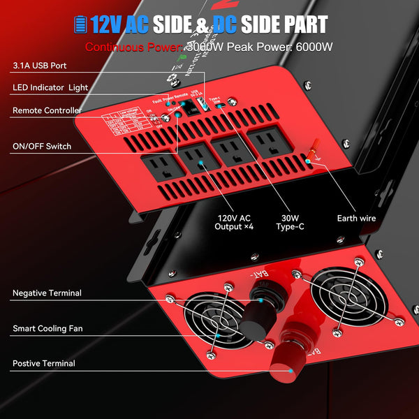 OLTEANP 3000 Watt Power Inverter 12V DC to 110V AC Car Inverter with 4 AC Outlets, 30W Type-C Port, 3.1A USB Port, Remote Controller on LCD Screen, Power Converter for Truck, Home, Vehicles,Trip