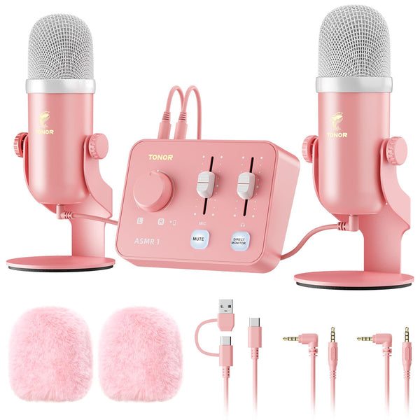 TONOR ASMR Microphone Equipment Bundle with Audio Interface, Immersive 3D Stereo Audio, Dual Condenser Mics with Audio Mixer, Clear Sound, Volume Control, with Furry Windscreens, Set for ASMR, Pink