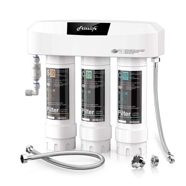 Frizzlife Under Sink Water Filter System SK99-NEW, Direct Connect, NSF/ANSI 53&42 Certified 0.5 Micron Carbon Block, Remove Lead, Chlorine, Chloramine, Fluoride, Odor & Bad Taste- Quick Change