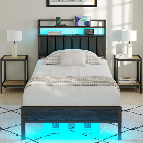 CollaredEagle Twin Size Bed Frame with Headboard, Metal Bed Frame with Charging Station and LED Lights, Heavy Duty Bed with Storage Shelves,Noise Free,No Box Spring,Black