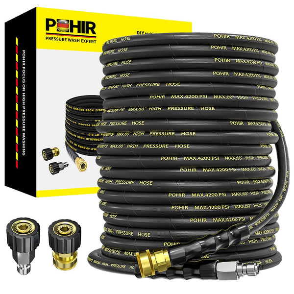 POHIR Power Washer Hose 125FT, High Pressure Washer Hose with 3/8'' Quick Connector, Steel Wire Braided Hose with 2 Quick Connect Kits Compatible M22 14 mm, Hose for Pressure Washer 4200 PSI