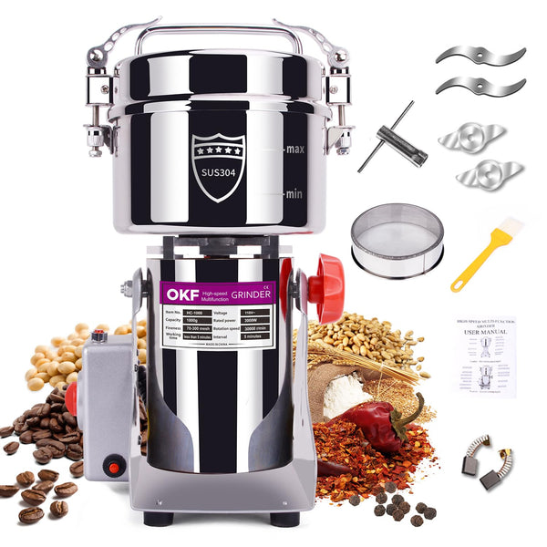 1000g Grain Mill Grinder, 304 Stainless Steel Grain Mill, 3000W High-speed Commercial Spice Grinder, Superfine Grain Grinder, Flour Mill Grinder for Home, Grinder for Kitchen, Spice Grinder Electric