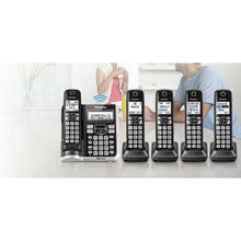 Panasonic Link2Cell Bluetooth Cordless Phone System with Voice Assistant, Call Block & Answering Machine, Battery Powered, Expandable Home Phone with 5 Handsets â€“ KX-TGF575S (Black with Silver Trim)