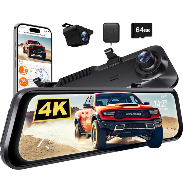 WOLFBOX G850 PRO 4K Mirror Dash Cam with ADAS and BSD, Smart Rear View Mirror with 5.8GHz WiFi, Voice Control, 12 inches Rear View Mirror Camera Includes 64GB Card, GPS, G-Sensor, Loop Recording