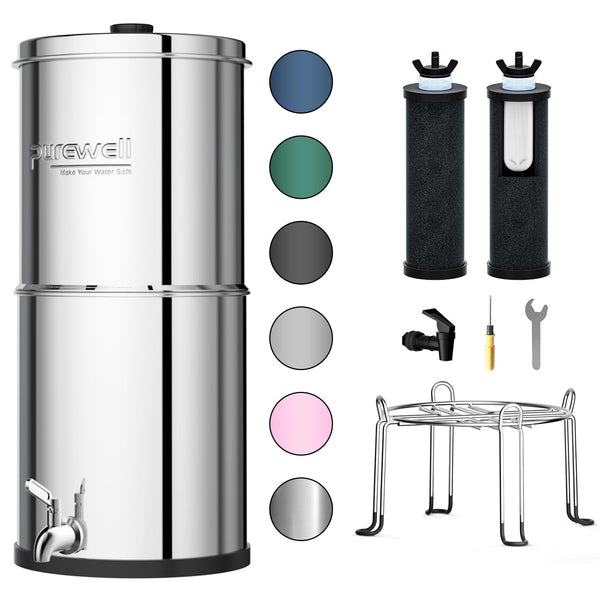 Purewell 3-Stage 0.01μm Ultra-Filtration Gravity Water Filter System, NSF/ANSI 42&372 Certification, 304 Stainless Steel Countertop System with 2 Filters and Stand, Reduce 99% Chlorine, 2.25G, PW-OB