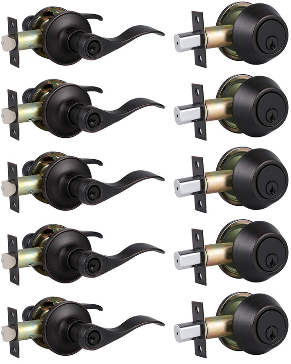 home improvement direct 5 Pack Front Door Lockset with Single Cylinder Deadbolt, Keyed Alike Exterior Door Lock Set, Oil Rubbed Bronze Wave Style Door Handle and Deadbolt Set