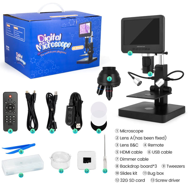 Andonstar AD246S-P HDMI Digital Microscope with 7'' Screen, 4000x 3 Lens 2160P UHD Video Record, Coin Microscope for Error Coins, Biological Microscope Kit for Adults and Kids, Prepred Slides