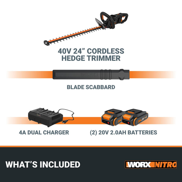 WORX Nitro 24" Cordless Hedge Trimmer 40V, Shrub Cutter with Fast Dual-Action Blades 3400 SPM, Brushless PowerShare Electric Hedge Clippers with 180° Rotating Handle WG286 –Battery & Charger Included