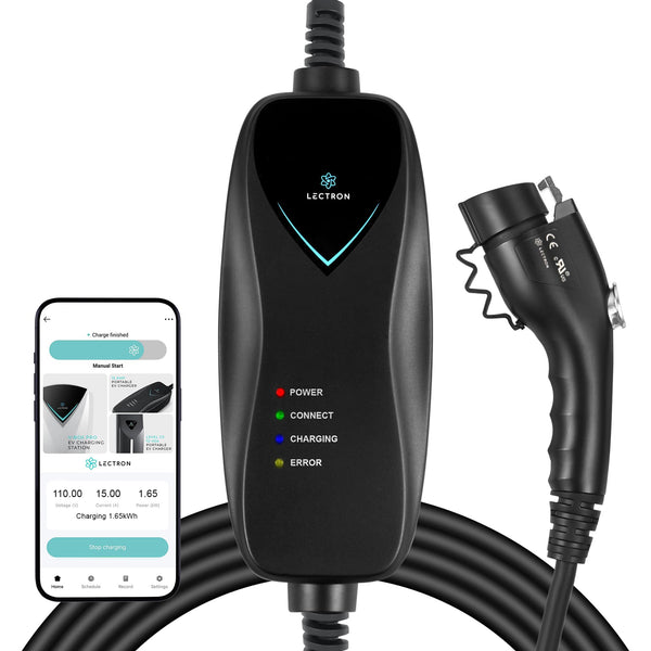 Lectron Level 1 J1772 Charger (WiFi Version) - 110V, 15 Amp, NEMA 5-15 Plug, 16 ft Extension Cord - Portable Electric Car Charger for J1772 Evs