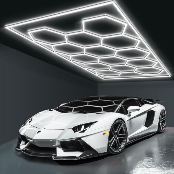 BRILLIHOOD Hexagon Garage Lights Honeycomb LED Ceiling Light, 672W, 80640LM, 6500K Super Bright, 14 Grid Systems Car Detailing Lights with Rectangular Frame for Garage Warehouse Workshop Basement Gym